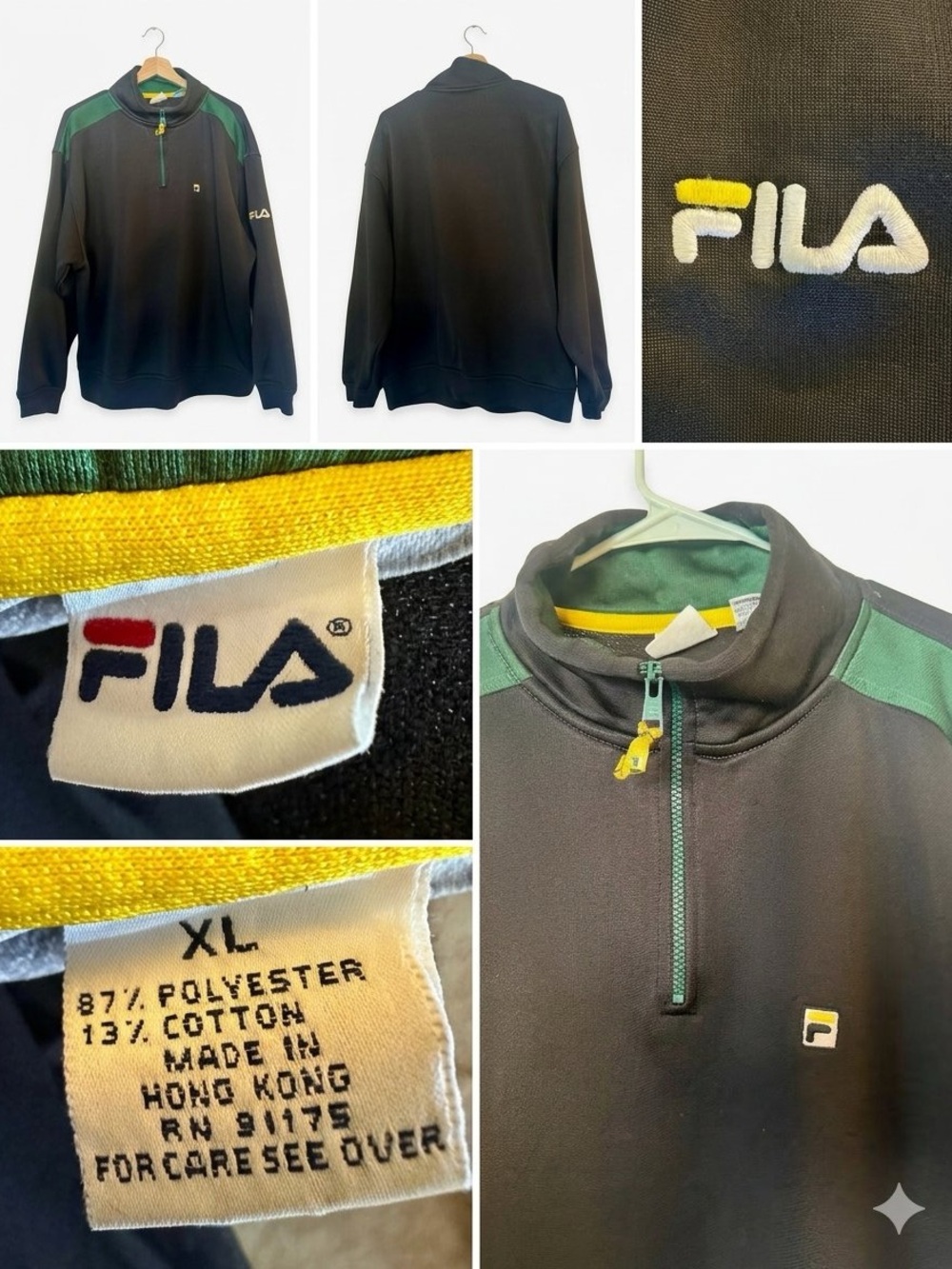 1990's throwback Fila Men's Black Half-Zip Sweater with Green & yellow.